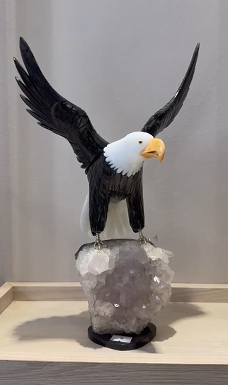 The Majestic Bald Eagle Hand-Carved in Black Onyx, White Dolomite, and Yellow Jasper on Raw Hyaline Quartz Druse (Size M)