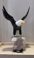 The Majestic Bald Eagle Hand-Carved in Black Onyx, White Dolomite, and Yellow Jasper on Raw Hyaline Quartz Druse (Size M)