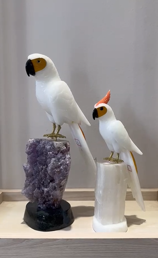 The White Majesty Collection - Dolomite Macaw and Cockatoo Sculpture Pair on Premium Crystal Bases