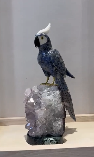 The Royal Blue Cockatoo Hand-Carved in Rare Sodalite, Black Onyx, and Dolomite on Lavender Amethyst Druse (Size L)