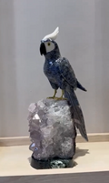 The Royal Blue Cockatoo Hand-Carved in Rare Sodalite, Black Onyx, and Dolomite on Lavender Amethyst Druse (Size L)