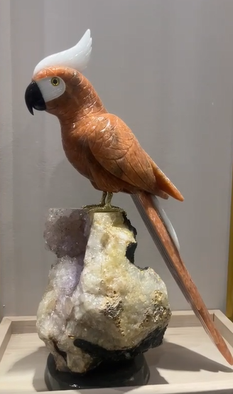 The Hand-Carved Cockatoo - Rare Multi-Mineral Sculpture on Raw Amethyst Druse