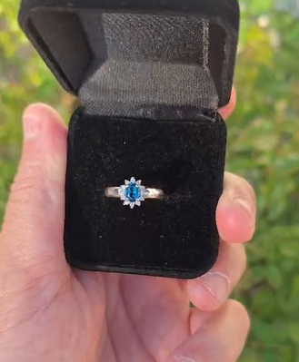 Natural Blue Apatite & Moissanite Halo Ring - Solid 925 Silver