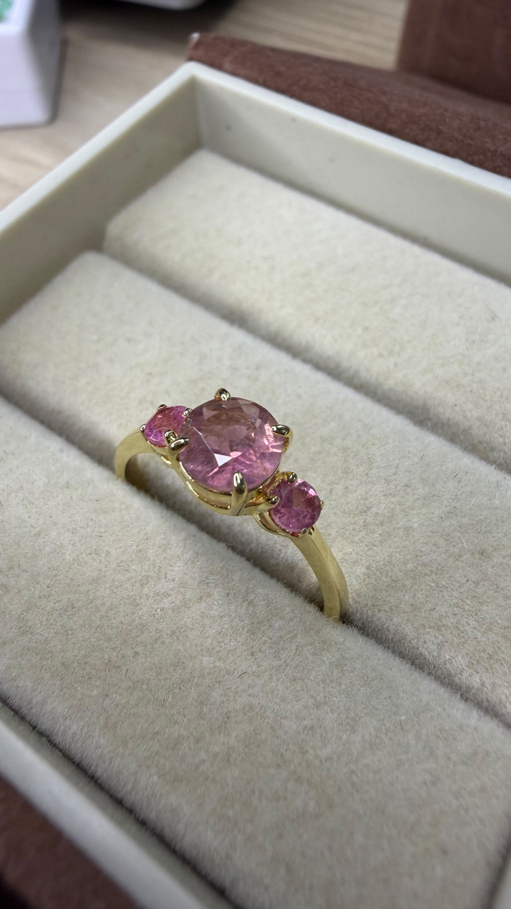 Natural Extra-Grade Pink Tourmaline Gold-Plated Silver Trilogy Ring