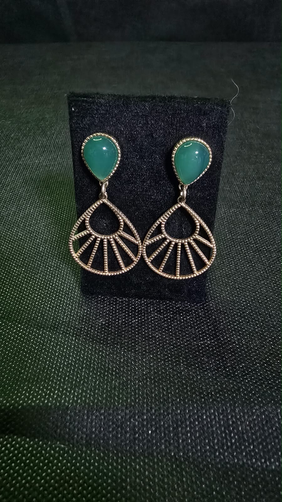 Luxury 10mm Green Chrysoprase Geometric Fan Drop Earrings in 18K Gold Plated
