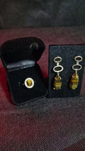 Luxury Genuine Tiger's Eye Halo Ring & Geometric Drop Earrings Set in 925 Sterling Silver