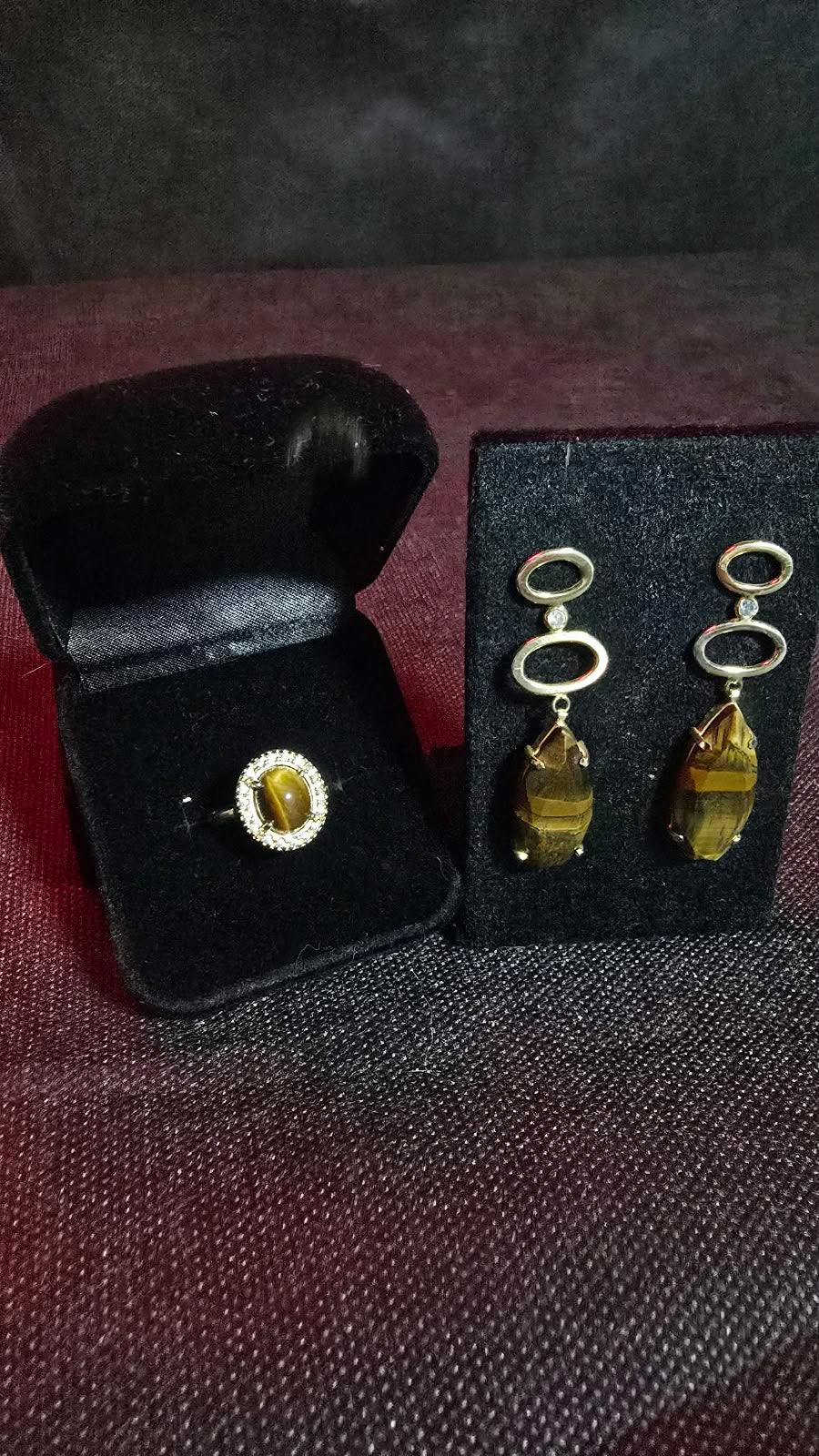 Luxury Genuine Tiger's Eye Halo Ring & Geometric Drop Earrings Set in 925 Sterling Silver