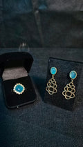 Luxury 10mm Translucent Blue Agate 18K Gold Plated Ring & Earrings Set