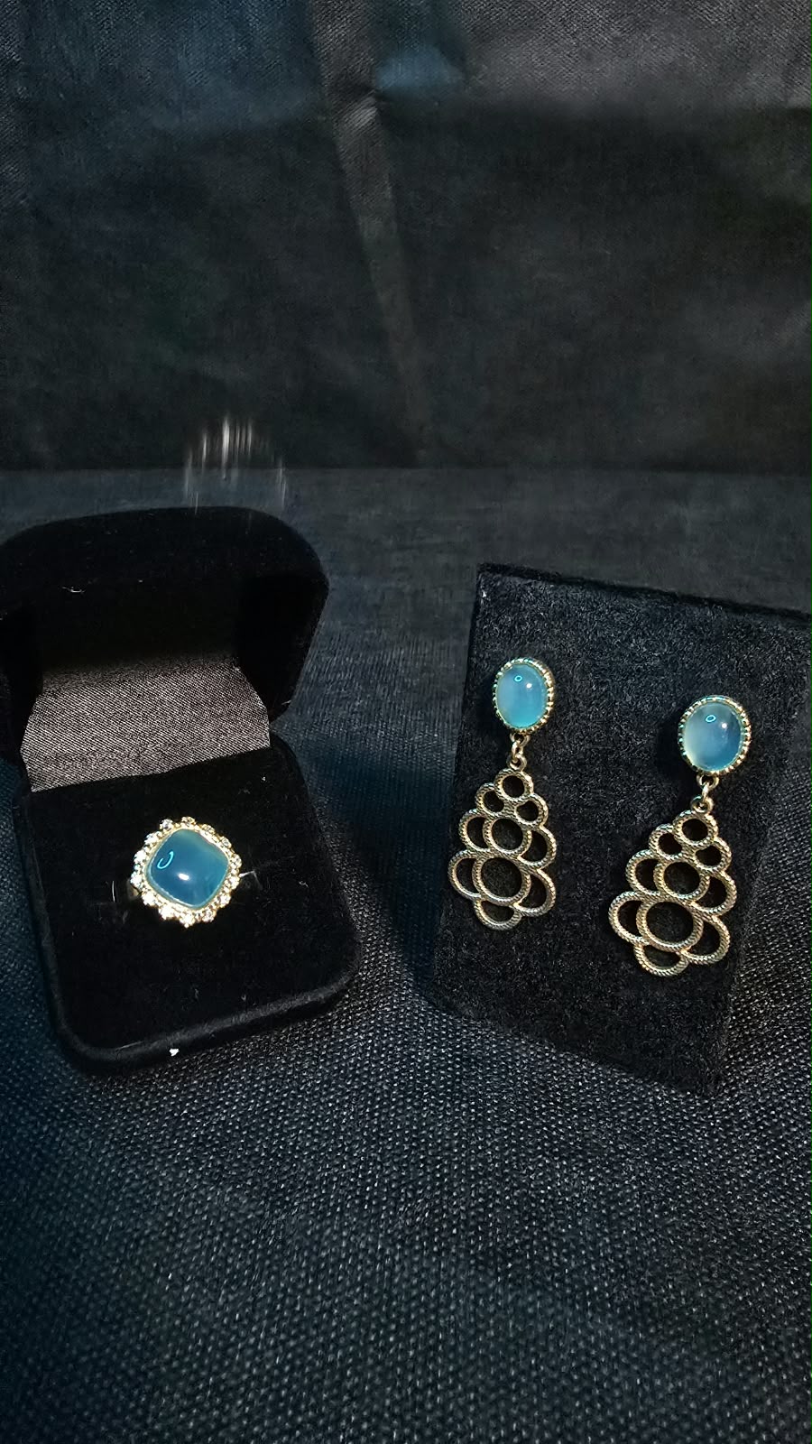 Luxury 10mm Translucent Blue Agate 18K Gold Plated Ring & Earrings Set