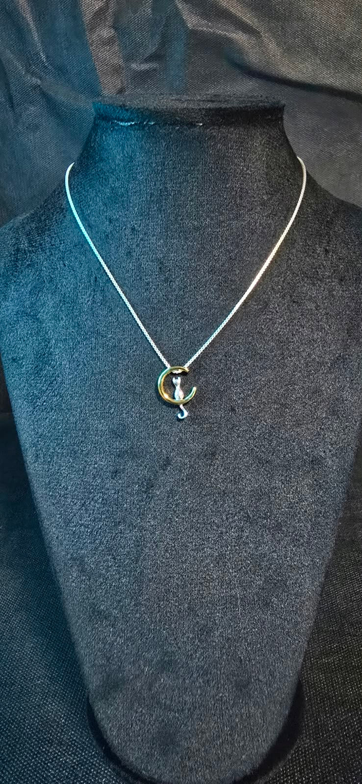 Luxury Two-Tone Crescent Moon & Cat Pendant Necklace in 925 Sterling Silver