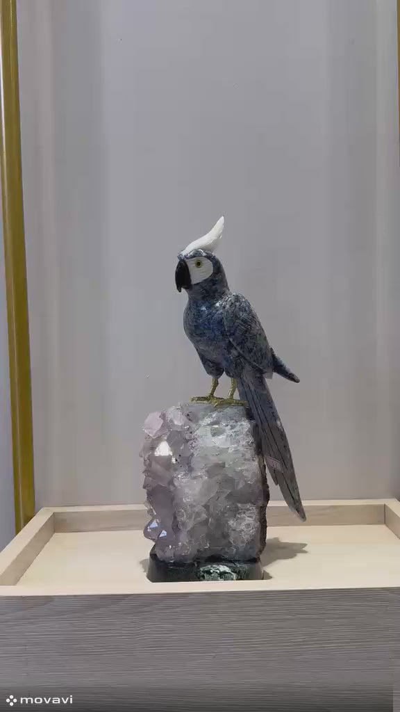 The Royal Blue Cockatoo Hand-Carved in Rare Sodalite, Black Onyx, and Dolomite on Lavender Amethyst Druse (Size L)