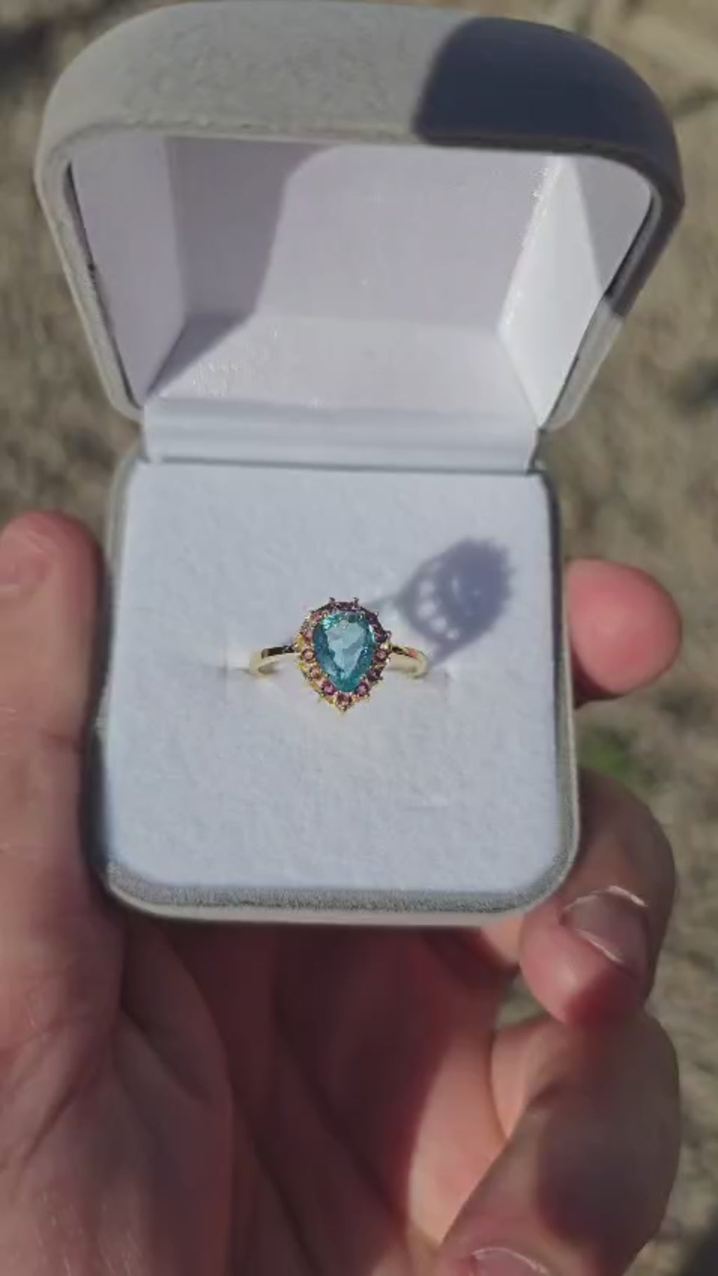 Natural Neon Blue Apatite & Pink Tourmaline Gold-Plated Silver Halo Ring