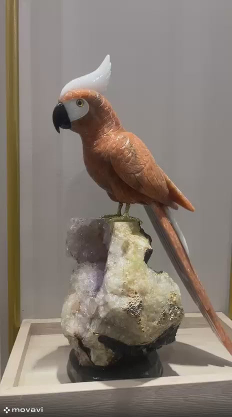 The Hand-Carved Cockatoo - Rare Multi-Mineral Sculpture on Raw Amethyst Druse