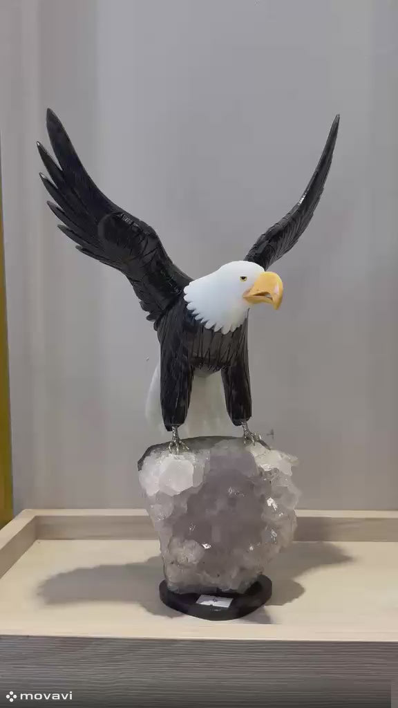The Majestic Bald Eagle Hand-Carved in Black Onyx, White Dolomite, and Yellow Jasper on Raw Hyaline Quartz Druse (Size M)