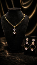 Luxury Rose Quartz 18K Gold Plated Pendant Necklace & Circle Drop Earrings Set